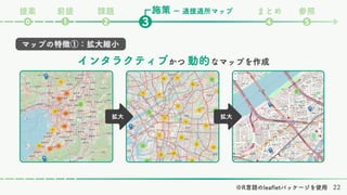 施策
課題 まとめ 参照
❷ ❹ ❺
❸
❶
⓿
ー 適援適所マップ
前提
提案
拡大
かつ なマップを作成
拡大
インタラクティブ 動的
※R言語のleafletパッケージを使用
マップの特徴①：拡大縮小
22
 
