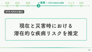 現在と災害時における
潜在的な疾病リスクを推定
VITA NAVIの強み
施策
課題 まとめ 参照
❷ ❹ ❺
❸
❶
⓿
ー VITA NAVIの活用
前提
提案
36
 