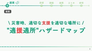提案
提案 前提 課題 施策 まとめ 参照
❶ ❷ ❸ ❹ ❺
⓿
 災害時、適切な
 災害時、適切な支援
支援を適切な場所に /
を適切な場所に /
"適
"適援
援適所"ハザードマップ
適所"ハザードマップ
3
 
