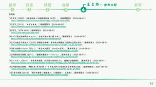 まとめ
課題
❷ ❹
❶
⓿
ー 参考文献 参照
❺
前提
提案 施策
❸
引用順
[1] 花王, (2023), 「経営戦略と中期経営計画『K27』​
」, (最終閲覧日：2024-08-01)
https://www.kao.com/jp/corporate/strategy-and-mid-term-plan/
[2] 花王, (2023), 「めざす未来」, (最終閲覧日：2024-08-01)
https://www.kao.com/jp/investor-relations/individual/future/
[3] 花王,「VITA NAVI」(最終閲覧日：2024-08-01)
https://vita-gate.com/vita-navi
[4] JICE国土技術研究センター,「自然災害の多い國 日本」, (最終閲覧日：2024-08-01)
https://www.jice.or.jp/knowledge/japan/commentary09
[5] JICA独立行政法人, (2017), 国際協力機構「各地域の特徴は？世界の災害を知る」(最終閲覧日：2024-08-01)
https://www.jica.go.jp/Resource/publication/mundi/1710/201710_02_02.html
[6] 朝日新聞デジタル, (2021), 「東日本大震災 あの日の写真」, (最終閲覧日：2024-08-01)
https://www.asahi.com/gallery/photo/national/311earthquake/20210309/
[7] 内閣府防災情報, (2016), 「避難所運営ガイドライン」, (最終閲覧日：2024-08-01)
https://www.bousai.go.jp/taisaku/hinanjo/pdf/1604hinanjo_guideline.pdf
[8] ロイター, (2024), 「能登半島地震、石川県の死者55人に 建物が多数倒壊」, (最終閲覧日：2024-08-01)
https://jp.reuters.com/markets/global-markets/ITYQ6BZZDRLF3PGZQL7B5SE7EI-2024-01-01/
[9] 内閣府防災情報, 「特集 第1章 第1節 1－1 平成30年7月豪雨(西日本豪雨)災害」, (最終閲覧日：2024-08-01 )
https://www.bousai.go.jp/kaigirep/hakusho/h31/honbun/0b_1s_01_01.html
[10] 毎日新聞, (2018), 「西日本豪雨『避難遅れ』心理調査へ 広島県」, (最終閲覧日：2024-08-01)
https://mainichi.jp/articles/20180820/k00/00m/040/155000c
45
 