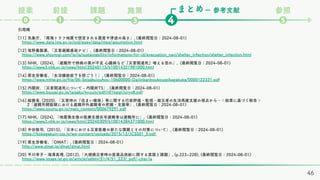 まとめ
課題
❷ ❹
❶
⓿
ー 参考文献 参照
❺
前提
提案 施策
❸
引用順
[11] 気象庁, 「南海トラフ地震で想定される震度や津波の高さ」, (最終閲覧日：2024-08-01)
https://www.data.jma.go.jp/svd/eqev/data/nteq/assumption.html
[12] 塩野義製薬, 「災害避難感染ナビ」, (最終閲覧日：2024-08-01)
https://www.shionogi.com/jp/ja/sustainability/informations-for-id/evacuation_navi/shelter_infection/shelter_infection.html
[13] NHK, (2024), 「避難所で持病の薬が不足 心臓病など『災害関連死』増える恐れ」, (最終閲覧日：2024-08-01)
https://www3.nhk.or.jp/news/html/20240115/k10014321981000.html
[14] 厚生労働省, 「生活機能低下を防ごう！」, (最終閲覧日：2024-08-01)
https://www.mhlw.go.jp/file/06-Seisakujouhou-10600000-Daijinkanboukouseikagakuka/0000122331.pdf
[15] 内閣府, 「災害関連死について - 内閣府TS」, (最終閲覧日：2024-08-01)
https://www.bousai.go.jp/taisaku/kyuujo/pdf/r01kaigi/siryo8.pdf
[16] 総務省, (2020), 「災害時の『住まい確保』等に関する行政評価・監視－被災者の生活再建支援の視点から－＜結果に基づく勧告＞
2「避難所開設期における避難所外避難者の把握・支援等」, (最終閲覧日：2024-08-01)
https://www.soumu.go.jp/main_content/000679291.pdf
[17] NHK, (2024), 「地震発生後の医療支援在宅避難者は避難所に」, (最終閲覧日：2024-08-01)
https://www3.nhk.or.jp/news/html/20240309/k10014384371000.html
[18] 中田敬司, (2015), 「日本における災害医療の新たな課題とその対策について」, (最終閲覧日：2024-08-01)
https://kobegakuin-css.jp/wp-content/uploads/2015/12/JCSS01_5.pdf
[19] 厚生労働省, 「DMAT」, (最終閲覧日：2024-08-01)
http://www.dmat.jp/dmat/dmat.html
[20] 平川幸子・滝澤真理, (2012),「大規模災害時の医薬品供給に関する実態と課題」, (p.223~228), (最終閲覧日：2024-08-01)
https://www.jstage.jst.go.jp/article/safety/51/4/51_223/_pdf/-char/ja
46
 