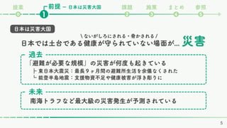 前提 課題 施策 まとめ 参照
❷ ❸ ❹ ❺
❶
提案
⓿
ー 日本は災害大国
災害
災害
しかし...
5
日本では土台である健康が守られていない場面が...
 ないがしろにされる・脅かされる /
南海トラフなど最大級の災害発生が予測されている
過去
「避難が必要な規模」の災害が何度も起きている
未来
┣ 東日本大震災：最長９ヶ月間の避難所生活を余儀なくされた
┗ 能登半島地震：支援物資不足や健康被害が浮き彫りに
日本は災害大国
 
