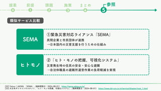 SEMA
①緊急災害対応ライアンス「SEMA」
民間企業と市民団体が連携
→日本国内の災害支援を行うための仕組み
ヒトモノ
②「ヒト・モノの把握、可視化システム」
災害発生時の住民の安全・安心な避難
→自治体職員の避難所運営作業の負荷軽減を実現
類似サービス比較
[32] Yahoo！JAPAN, 「SEMA」, (最終閲覧日：2024-08-01) https://sema.yahoo.co.jp/
[33] 大日本ダイヤコンサルタント, 「ヒト・モノの把握、可視化システム」, (最終閲覧日：2024-08-01) https://www.dd-con.co.jp/service/disaster/post_1.html
参照
課題
❷ ❺
❶
⓿
前提
提案
❸
まとめ
❹
施策
 