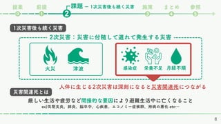 2次災害：災害に付随して遅れて発生する災害
火災 津波 栄養不足 月経不順
人体に生じる2次災害は深刻になると災害関連死につながる
感染症
1次災害後も続く災害
課題 施策 まとめ 参照
❸ ❹ ❺
❷
前提
❶
⓿
ー 1次災害後も続く災害
提案
8
厳しい生活や疲労など間接的な要因により避難生活中に亡くなること
ex)気管支炎、肺炎、脳卒中、心疾患、エコノミー症候群、持病の悪化 etc…
災害関連死とは
 