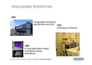 Inovações históricas

 1962

                                     Inauguração da primeira
                                     loja Wal Mart nos EUA 1974
                                                             A 3M lança os Post-Its




                      1969
                      O Long Island Bank instala
                      os primeiros caixas
                      automáticos

Empreendimento e Gestão de Agência | Prof. Me. Alexandre Rodriguez
                                                                                      13
 