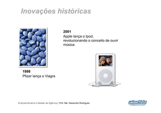 Inovações históricas

                                         2001
                                         Apple lança o Ipod,
                                         revolucionando o conceito de ouvir
                                         música




   1998
   Pfizer lança o Viagra




Empreendimento e Gestão de Agência | Prof. Me. Alexandre Rodriguez
                                                                              16
 