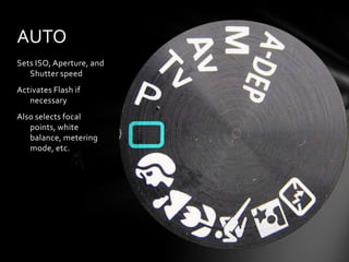 Sets ISO, Aperture, and
Shutter speed
Activates Flash if
necessary
Also selects focal
points, white
balance, metering
mode, etc.
AUTO
 