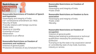 Reasonable Restrictions of Freedom of Speech
and Expression
•Sovereignty and integrity of India
(16th
constitutional amendment act 1963)
•Security of State
•Friendly relations with foreign countries
•Public order
•Decency or morality
•Contempt of Court
•Defamation
•Incitement to an offence
Reasonable Restrictions on Freedom of
Assembly
•Sovereignty and Integrity of India
•Public Order
Reasonable Restrictions on freedom to form
association
•Sovereignty and integrity of India
•Public order
•Morality
Reasonable Restrictions on freedom of
movement and residence
•Interest of general public
•Protection of interests of any Scheduled Tribe
Reasonable Restrictions on freedom of
occupation
•Interest of general public
•Making law relating to professional or technical
qualification necessary for practicing any
profession
•Carrying on by the state or by corporation owned
or controlled by state of any trade, business,
industry or service.
 