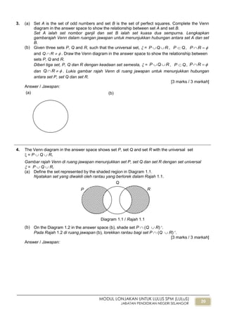 20
MODUL LONJAKAN UNTUK LULUS SPM (LULuS)
JABATAN PENDIDIKAN NEGERI SELANGOR
3. (a) Set A is the set of odd numbers and set B is the set of perfect squares. Complete the Venn
diagram in the answer space to show the relationship between set A and set B.
Set A ialah set nombor ganjil dan set B ialah set kuasa dua sempurna. Lengkapkan
gambarajah Venn dalam ruangan jawapan untuk menunjukkan hubungan antara set A dan set
B.
(b) Given three sets P, Q and R, such that the universal set,  = RQP  , QP  , RP
and  RQ . Draw the Venn diagram in the answer space to show the relationship between
sets P, Q and R.
Diberi tiga set, P, Q dan R dengan keadaan set semesta,  = RQP  , QP  , RP
dan RQ . Lukis gambar rajah Venn di ruang jawapan untuk menunjukkan hubungan
antara set P, set Q dan set R.
[3 marks / 3 markah]
Answer / Jawapan:
4. The Venn diagram in the answer space shows set P, set Q and set R with the universal set
 = P  Q  R.
Gambar rajah Venn di ruang jawapan menunjukkan set P, set Q dan set R dengan set universal
 = P  Q  R.
(a) Define the set represented by the shaded region in Diagram 1.1.
Nyatakan set yang diwakili oleh rantau yang berlorek dalam Rajah 1.1.
(b) On the Diagram 1.2 in the answer space (b), shade set P  (Q  R) .
Pada Rajah 1.2 di ruang jawapan (b), lorekkan rantau bagi set P  (Q  R) .
[3 marks / 3 markah]
Answer / Jawapan:
(a) (b)
Q
RP
Diagram 1.1 / Rajah 1.1
 