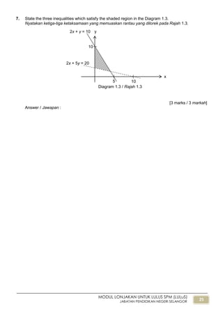 25
MODUL LONJAKAN UNTUK LULUS SPM (LULuS)
JABATAN PENDIDIKAN NEGERI SELANGOR
7. State the three inequalities which satisfy the shaded region in the Diagram 1.3.
Nyatakan ketiga-tiga ketaksamaan yang memuaskan rantau yang dilorek pada Rajah 1.3.
[3 marks / 3 markah]
Answer / Jawapan :
Diagram 1.3 / Rajah 1.3
y
x
10
2x + y = 10
5 10
2x + 5y = 20
 