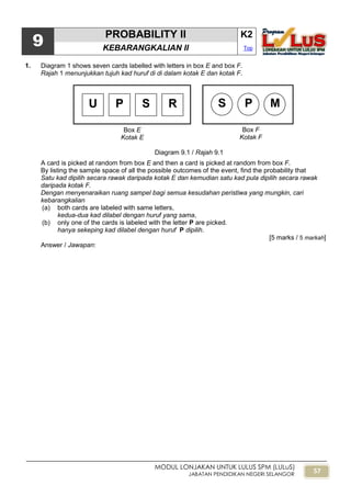 57
MODUL LONJAKAN UNTUK LULUS SPM (LULuS)
JABATAN PENDIDIKAN NEGERI SELANGOR
9
PROBABILITY II K2
KEBARANGKALIAN II Top
1. Diagram 1 shows seven cards labelled with letters in box E and box F.
Rajah 1 menunjukkan tujuh kad huruf di di dalam kotak E dan kotak F.
A card is picked at random from box E and then a card is picked at random from box F.
By listing the sample space of all the possible outcomes of the event, find the probability that
Satu kad dipilih secara rawak daripada kotak E dan kemudian satu kad pula dipilih secara rawak
daripada kotak F.
Dengan menyenaraikan ruang sampel bagi semua kesudahan peristiwa yang mungkin, cari
kebarangkalian
(a) both cards are labeled with same letters,
kedua-dua kad dilabel dengan huruf yang sama,
(b) only one of the cards is labeled with the letter P are picked.
hanya sekeping kad dilabel dengan huruf P dipilih.
[5 marks / 5 markah]
Answer / Jawapan:
Box F
Kotak F
S P MU P S R
Box E
Kotak E
Diagram 9.1 / Rajah 9.1
 