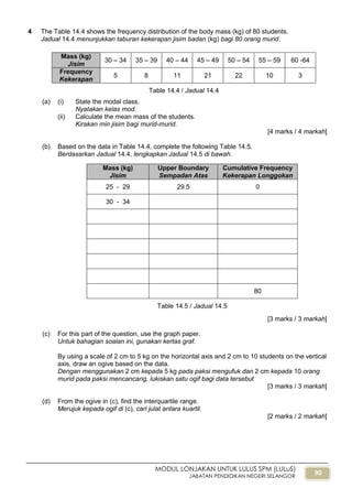 90
MODUL LONJAKAN UNTUK LULUS SPM (LULuS)
JABATAN PENDIDIKAN NEGERI SELANGOR
4 The Table 14.4 shows the frequency distribution of the body mass (kg) of 80 students.
Jadual 14.4 menunjukkan taburan kekerapan jisim badan (kg) bagi 80 orang murid.
Mass (kg)
Jisim
30 – 34 35 – 39 40 – 44 45 – 49 50 – 54 55 – 59 60 -64
Frequency
Kekerapan
5 8 11 21 22 10 3
Table 14.4 / Jadual 14.4
(a) (i) State the modal class.
Nyatakan kelas mod.
(ii) Calculate the mean mass of the students.
Kirakan min jisim bagi murid-murid.
[4 marks / 4 markah]
(b) Based on the data in Table 14.4, complete the following Table 14.5.
Berdasarkan Jadual 14.4, lengkapkan Jadual 14.5 di bawah.
[3 marks / 3 markah]
Mass (kg)
Jisim
Upper Boundary
Sempadan Atas
Cumulative Frequency
Kekerapan Longgokan
25 - 29 29.5 0
30 - 34
80
Table 14.5 / Jadual 14.5
(c) For this part of the question, use the graph paper.
Untuk bahagian soalan ini, gunakan kertas graf.
By using a scale of 2 cm to 5 kg on the horizontal axis and 2 cm to 10 students on the vertical
axis, draw an ogive based on the data.
Dengan menggunakan 2 cm kepada 5 kg pada paksi mengufuk dan 2 cm kepada 10 orang
murid pada paksi mencancang, lukiskan satu ogif bagi data tersebut
[3 marks / 3 markah]
(d) From the ogive in (c), find the interquartile range.
Merujuk kepada ogif di (c), cari julat antara kuartil.
[2 marks / 2 markah]
 