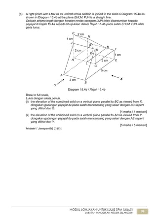 98
MODUL LONJAKAN UNTUK LULUS SPM (LULuS)
JABATAN PENDIDIKAN NEGERI SELANGOR
(b) A right prism with LMN as its uniform cross section is joined to the solid is Diagram 15.4a as
shown in Diagram 15.4b at the plane EHLM. PJH is a straight line.
Sebuah prisma tegak dengan keratan rentas seragam LMN telah dicantumkan kepada
pepejal di Rajah 15.4a seperti ditunjukkan dalam Rajah 15.4b pada satah EHLM. PJH ialah
garis lurus.
Draw to full scale,
Lukis dengan skala penuh,
(i) the elevation of the combined solid on a vertical plane parallel to BC as viewed from X.
dongakan gabungan pepejal itu pada satah mencancang yang selari dengan BC seperti
yang dilihat dari X.
[4 marks / 4 markah]
(ii) the elevation of the combined solid on a vertical plane parallel to AB as viewed from Y.
dongakan gabungan pepejal itu pada satah mencancang yang selari dengan AB seperti
yang dilihat dari Y.
[5 marks / 5 markah]
Answer / Jawapan (b) (i) (ii) :
B
3 cm
A
C
D
N
F
G
H
J
K
5 cm
1 cm
3 cm
2 cm
1 cm
E
M
P
L
2 cm
Y
X
Diagram 15.4b / Rajah 15.4b
 