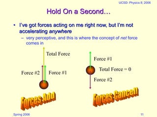 Spring 2006
UCSD: Physics 8; 2006
11
Hold On a Second…
• I’ve got forces acting on me right now, but I’m not
accelerating anywhere
– very perceptive, and this is where the concept of net force
comes in
Force #1
Force #2
Total Force
Force #1
Force #2
Total Force = 0
 