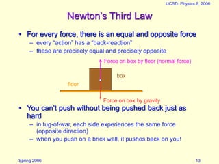 Spring 2006
UCSD: Physics 8; 2006
13
Newton’s Third Law
• For every force, there is an equal and opposite force
– every “action” has a “back-reaction”
– these are precisely equal and precisely opposite
• You can’t push without being pushed back just as
hard
– in tug-of-war, each side experiences the same force
(opposite direction)
– when you push on a brick wall, it pushes back on you!
Force on box by floor (normal force)
Force on box by gravity
box
floor
 