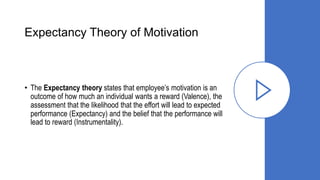 Expectancy Theory of Motivation
• The Expectancy theory states that employee’s motivation is an
outcome of how much an individual wants a reward (Valence), the
assessment that the likelihood that the effort will lead to expected
performance (Expectancy) and the belief that the performance will
lead to reward (Instrumentality).
 