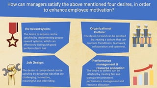 How can managers satisfy the above mentioned four desires, in order
to enhance employee motivation?
The Reward System:
The desire to acquire can be
satisfied by implementing proper
reward systems, which can
effectively distinguish good
performs from bad
The Reward System:
The Reward System:
The desire to bond can be satisfied
by creating a culture that can
promote friendliness, teamwork,
collaboration and openness.
The desire to defend can be
satisfied by creating fair and
transparent processes
performance management and
resource allocation
The desire to comprehend can be
satisfied by designing jobs that are
challenging, innovative,
meaningful and interesting.
Organizational
Culture:
Performance
management &
resource allocation:
Job Design:
Job Design:
 