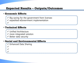 Expected Results – Outputs/Outcomes
• Economic Effects
 Big saving for the government from licenses
 expedited eGovernment implementation

• Technical Effects
 Unified Architecture
 more integrated solution
 Better data security
• Social and Environmental Effects
 Enhanced Data Sharing



 