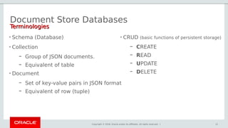 Copyright © 2018, Oracle and/or its affiliates. All rights reserved. | 11
• Schema (Database)
• Collection
– Group of JSON documents.
– Equivalent of table
• Document
– Set of key-value pairs in JSON format
– Equivalent of row (tuple)
Document Store Databases
11
• CRUD (basic functions of persistent storage)
– CREATE
– READ
– UPDATE
– DELETE
TerminologiesTerminologies
 
