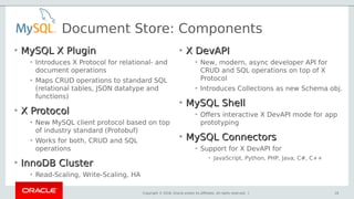 Copyright © 2018, Oracle and/or its affiliates. All rights reserved. |
Document Store: Components
• MySQL X PluginMySQL X Plugin
• Introduces X Protocol for relational- and
document operations
• Maps CRUD operations to standard SQL
(relational tables, JSON datatype and
functions)
• X ProtocolX Protocol
• New MySQL client protocol based on top
of industry standard (Protobuf)
• Works for both, CRUD and SQL
operations
• InnoDB ClusterInnoDB Cluster
• Read-Scaling, Write-Scaling, HA
• X DevAPIX DevAPI
• New, modern, async developer API for
CRUD and SQL operations on top of X
Protocol
• Introduces Collections as new Schema obj.
• MySQL ShellMySQL Shell
• Offers interactive X DevAPI mode for app
prototyping
• MySQL ConnectorsMySQL Connectors
• Support for X DevAPI for
• JavaScript, Python, PHP, Java, C#, C++
18
 