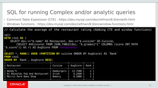 Copyright © 2018, Oracle and/or its affiliates. All rights reserved. | 63
// Calculate the average of the restaurant rating (Adding CTE and window functions)
sql>
WITH cte1 AS (
SELECT doc->>"$.name" AS Restaurant, doc->>"$.cuisine" AS Cuisine,
(SELECT AVG(score) FROM JSON_TABLE(doc, "$.grades[*]" COLUMNS (score INT PATH
"$.score")) AS r) AS AvgScore FROM restaurants
)
SELECT *, RANK() OVER (PARTITION BY cuisine ORDER BY AvgScore) AS `Rank`
FROM cte1
ORDER BY `Rank`, AvgScore DESC;
+--------------------------------+------------+----------+------+
| Restaurant | Cuisine | AvgScore | Rank |
+--------------------------------+------------+----------+------+
| Wendy'S | Hamburgers | 13.7500 | 1 |
| Dj Reynolds Pub And Restaurant | Irish | 9.2500 | 1 |
| Morris Park Bake Shop | Bakery | 8.2000 | 1 |
+--------------------------------+------------+----------+------+
SQL for running Complex and/or analytic queries
• Commont Table Expression (CTE) : https://dev.mysql.com/doc/refman/8.0/en/with.html
• Windows functions : https://dev.mysql.com/doc/refman/8.0/en/window-functions.html
 