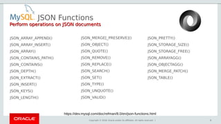 Copyright © 2018, Oracle and/or its affiliates. All rights reserved. | 8
JSON_ARRAY_APPEND()
JSON_ARRAY_INSERT()
JSON_ARRAY()
JSON_CONTAINS_PATH()
JSON_CONTAINS()
JSON_DEPTH()
JSON_EXTRACT()
JSON_INSERT()
JSON_KEYS()
JSON_LENGTH()
JSON_MERGE[_PRESERVE]()
JSON_OBJECT()
JSON_QUOTE()
JSON_REMOVE()
JSON_REPLACE()
JSON_SEARCH()
JSON_SET()
JSON_TYPE()
JSON_UNQUOTE()
JSON_VALID()
JSON_PRETTY()
JSON_STORAGE_SIZE()
JSON_STORAGE_FREE()
JSON_ARRAYAGG()
JSON_OBJECTAGG()
JSON_MERGE_PATCH()
JSON_TABLE()
JSON Functions
Perform operations on JSON documentsPerform operations on JSON documents
https://dev.mysql.com/doc/refman/8.0/en/json-functions.html
 