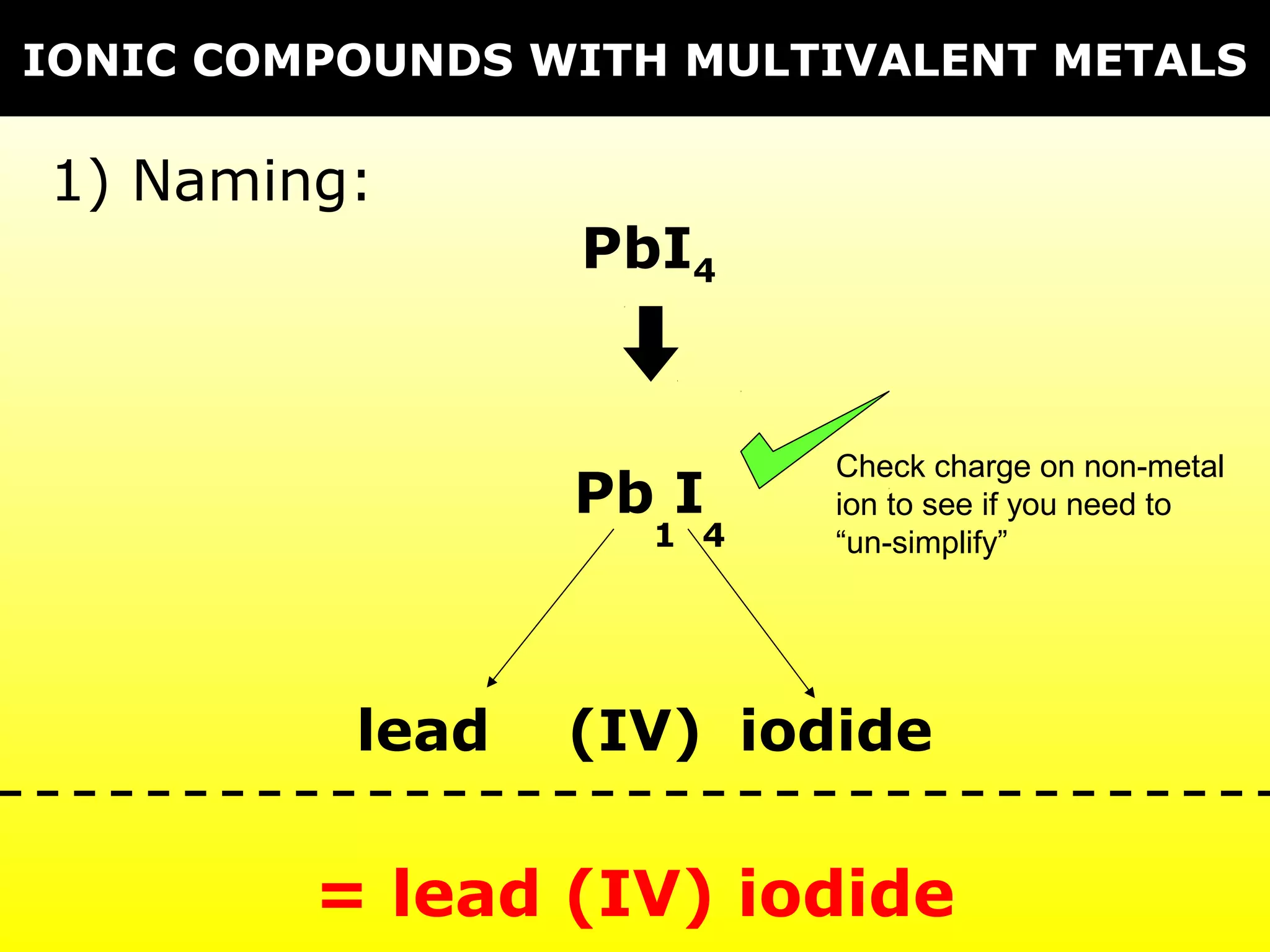 PbI4
lead iodide
Pb I
41
Check charge on non-metal
ion to see if you need to
“un-simplify”
(IV)
= lead (IV) iodide
IONIC COMPOUNDS WITH MULTIVALENT METALS
1) Naming:
 