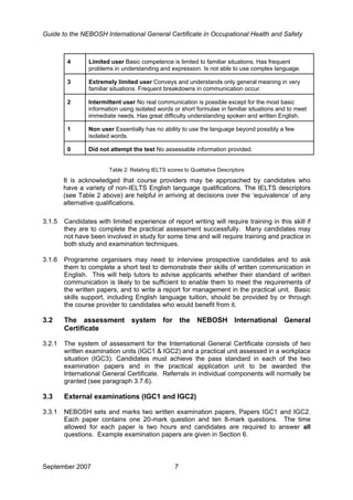 Guide to the NEBOSH International General Certificate in Occupational Health and Safety
4 Limited user Basic competence is limited to familiar situations. Has frequent
problems in understanding and expression. Is not able to use complex language.
3 Extremely limited user Conveys and understands only general meaning in very
familiar situations. Frequent breakdowns in communication occur.
2 Intermittent user No real communication is possible except for the most basic
information using isolated words or short formulae in familiar situations and to meet
immediate needs. Has great difficulty understanding spoken and written English.
1 Non user Essentially has no ability to use the language beyond possibly a few
isolated words.
0 Did not attempt the test No assessable information provided.
Table 2: Relating IELTS scores to Qualitative Descriptors
It is acknowledged that course providers may be approached by candidates who
have a variety of non-IELTS English language qualifications. The IELTS descriptors
(see Table 2 above) are helpful in arriving at decisions over the ‘equivalence’ of any
alternative qualifications.
3.1.5 Candidates with limited experience of report writing will require training in this skill if
they are to complete the practical assessment successfully. Many candidates may
not have been involved in study for some time and will require training and practice in
both study and examination techniques.
3.1.6 Programme organisers may need to interview prospective candidates and to ask
them to complete a short test to demonstrate their skills of written communication in
English. This will help tutors to advise applicants whether their standard of written
communication is likely to be sufficient to enable them to meet the requirements of
the written papers, and to write a report for management in the practical unit. Basic
skills support, including English language tuition, should be provided by or through
the course provider to candidates who would benefit from it.
3.2 The assessment system for the NEBOSH International General
Certificate
3.2.1 The system of assessment for the International General Certificate consists of two
written examination units (IGC1 & IGC2) and a practical unit assessed in a workplace
situation (IGC3). Candidates must achieve the pass standard in each of the two
examination papers and in the practical application unit to be awarded the
International General Certificate. Referrals in individual components will normally be
granted (see paragraph 3.7.6).
3.3 External examinations (IGC1 and IGC2)
3.3.1 NEBOSH sets and marks two written examination papers, Papers IGC1 and IGC2.
Each paper contains one 20-mark question and ten 8-mark questions. The time
allowed for each paper is two hours and candidates are required to answer all
questions. Example examination papers are given in Section 6.
September 2007 7
 