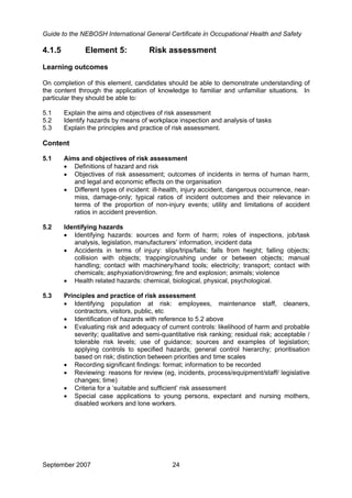 Guide to the NEBOSH International General Certificate in Occupational Health and Safety
4.1.5 Element 5: Risk assessment
Learning outcomes
On completion of this element, candidates should be able to demonstrate understanding of
the content through the application of knowledge to familiar and unfamiliar situations. In
particular they should be able to:
5.1 Explain the aims and objectives of risk assessment
5.2 Identify hazards by means of workplace inspection and analysis of tasks
5.3 Explain the principles and practice of risk assessment.
Content
5.1 Aims and objectives of risk assessment
• Definitions of hazard and risk
• Objectives of risk assessment; outcomes of incidents in terms of human harm,
and legal and economic effects on the organisation
• Different types of incident: ill-health, injury accident, dangerous occurrence, near-
miss, damage-only; typical ratios of incident outcomes and their relevance in
terms of the proportion of non-injury events; utility and limitations of accident
ratios in accident prevention.
5.2 Identifying hazards
• Identifying hazards: sources and form of harm; roles of inspections, job/task
analysis, legislation, manufacturers’ information, incident data
• Accidents in terms of injury: slips/trips/falls; falls from height; falling objects;
collision with objects; trapping/crushing under or between objects; manual
handling; contact with machinery/hand tools; electricity; transport; contact with
chemicals; asphyxiation/drowning; fire and explosion; animals; violence
• Health related hazards: chemical, biological, physical, psychological.
5.3 Principles and practice of risk assessment
• Identifying population at risk: employees, maintenance staff, cleaners,
contractors, visitors, public, etc
• Identification of hazards with reference to 5.2 above
• Evaluating risk and adequacy of current controls: likelihood of harm and probable
severity; qualitative and semi-quantitative risk ranking; residual risk; acceptable /
tolerable risk levels; use of guidance; sources and examples of legislation;
applying controls to specified hazards; general control hierarchy; prioritisation
based on risk; distinction between priorities and time scales
• Recording significant findings: format; information to be recorded
• Reviewing: reasons for review (eg, incidents, process/equipment/staff/ legislative
changes; time)
• Criteria for a ‘suitable and sufficient’ risk assessment
• Special case applications to young persons, expectant and nursing mothers,
disabled workers and lone workers.
September 2007 24
 