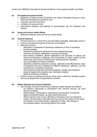 Guide to the NEBOSH International General Certificate in Occupational Health and Safety
September 2007 41
6.3 Occupational exposure limits
• Application of relevant limits (Threshold Limit Values, Workplace Exposure Limits,
Maximum Allowable Concentrations, etc)
• Long term and short term limits
• Limitations of exposure limits
• International variations and attempts at harmonisation (eg, EU Indicative Limit
Values).
6.4 Acute and chronic health effects
• Difference between acute and chronic health effects.
6.5 Control measures
• Prevent exposure or, where this is not reasonably practicable, adequately control it
• Ensuring occupational exposure limits are not exceeded
• Methods of control:
- elimination or substitution of hazardous substances or form of substance
- process changes
- reduced time exposure; significance of time weighted averages
- enclosure of hazards; segregation of process and people
- local exhaust ventilation: general applications and principles of capture and
removal of hazardous substances; the components of a basic system and the
factors that may reduce its effectiveness; requirements for inspection
- use and limitations of dilution ventilation
- respiratory protective equipment: purpose, application and effectiveness; types
of equipment and their suitability for different substances; selection, use and
maintenance of respiratory equipment
- other protective equipment and clothing (gloves, overalls, eye protection)
- personal hygiene and protection (eg, vaccination) regimes
- health and medical surveillance
• Further controls of substances that can cause cancer, asthma or damage to genes
that can be passed from one generation to another.
6.6 Waste disposal and control of pollution
• Key concepts of environmental issues relating to waste disposal and effluent:
- Air pollution: Discharges to atmosphere from common sources, eg, local
exhaust ventilation
- Water pollution: Discharges to water/sewer and principles of protection
against accidental release, eg, spill protection/bunding
- Waste disposal: Duty of care, definition of hazardous and non-hazardous
wastes, documentation associated with the amount and content of the waste
and details of any waste transfer, registration of sites, safe storage of
incompatible wastes, minimising pollution from waste.
 