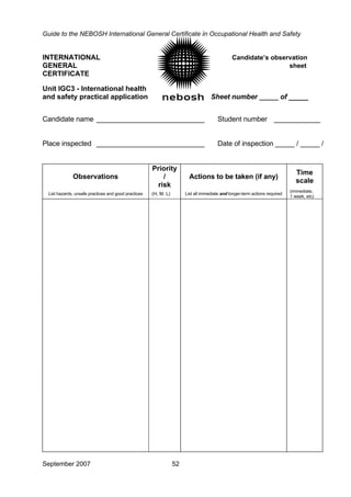 Guide to the NEBOSH International General Certificate in Occupational Health and Safety
September 2007 52
INTERNATIONAL Candidate’s observation
GENERAL sheet
CERTIFICATE
Unit IGC3 - International health
and safety practical application Sheet number of _____
Candidate name ____________________________ Student number ____________
Place inspected ____________________________ Date of inspection _____ / _____ /
Observations
Priority
/
risk
Actions to be taken (if any)
Time
scale
List hazards, unsafe practices and good practices (H, M, L) List all immediate and longer-term actions required
(immediate,
1 week, etc)
 