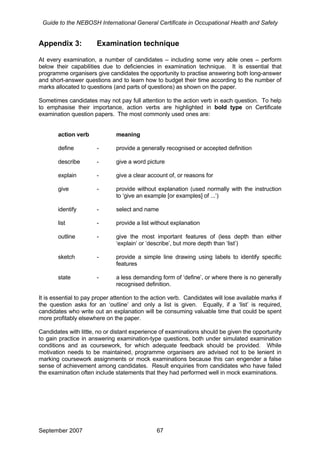 Guide to the NEBOSH International General Certificate in Occupational Health and Safety
Appendix 3: Examination technique
At every examination, a number of candidates – including some very able ones – perform
below their capabilities due to deficiencies in examination technique. It is essential that
programme organisers give candidates the opportunity to practise answering both long-answer
and short-answer questions and to learn how to budget their time according to the number of
marks allocated to questions (and parts of questions) as shown on the paper.
Sometimes candidates may not pay full attention to the action verb in each question. To help
to emphasise their importance, action verbs are highlighted in bold type on Certificate
examination question papers. The most commonly used ones are:
action verb meaning
define - provide a generally recognised or accepted definition
describe - give a word picture
explain - give a clear account of, or reasons for
give - provide without explanation (used normally with the instruction
to ‘give an example [or examples] of ...’)
identify - select and name
list - provide a list without explanation
outline - give the most important features of (less depth than either
‘explain’ or ‘describe’, but more depth than ‘list’)
sketch - provide a simple line drawing using labels to identify specific
features
state - a less demanding form of ‘define’, or where there is no generally
recognised definition.
It is essential to pay proper attention to the action verb. Candidates will lose available marks if
the question asks for an ‘outline’ and only a list is given. Equally, if a ‘list’ is required,
candidates who write out an explanation will be consuming valuable time that could be spent
more profitably elsewhere on the paper.
Candidates with little, no or distant experience of examinations should be given the opportunity
to gain practice in answering examination-type questions, both under simulated examination
conditions and as coursework, for which adequate feedback should be provided. While
motivation needs to be maintained, programme organisers are advised not to be lenient in
marking coursework assignments or mock examinations because this can engender a false
sense of achievement among candidates. Result enquiries from candidates who have failed
the examination often include statements that they had performed well in mock examinations.
September 2007 67
 