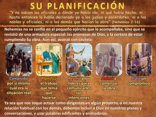 “Y no sabían los oficiales a dónde yo había ido, ni qué había hecho; ni
hasta entonces lo había declarado yo a los judíos y sacerdotes, ni a los
nobles y oficiales, ni a los demás que hacían la obra” (Nehemías 2:16)
Nehemías no se confió en el pequeño ejército que le acompañaba, sino que se
revistió de una armadura especial: las promesas de Dios, y la certeza de estar
cumpliendo Su obra. Aun así, avanzó con cautela:
Comprobó
por sí mismo
cuál era la
situación real
Planificó
el trabajo
que tenía
que
hacerse
Reunió a los
líderes para
comunicarles
sus
intenciones
Animó a
comenzar
la obra
Pidió un
compromiso
Ya sea que nos toque actuar como dirigentes en algún proyecto, o en nuestra
relación habitual con los demás, debemos incluir a Dios en nuestros planes y
conversaciones, y usar palabras edificantes y animadoras.
 