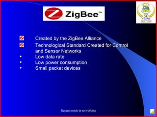 Created by the ZigBee Alliance Technological Standard Created for Control and Sensor Networks   Low data rate Low power consumption Small packet devices 
