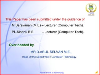 This Paper has been submitted under the guidance of Over headed by M.Saravanan (M.E) – Lecturer (Computer Tech).   PL.Sindhu  B. E  – Lecturer (Computer Tech).   MR.D.ARUL SELVAN M.E., Head Of the Department / Computer Technology 
