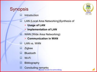 Introduction LAN (Local Area Networking) Synthesis of Usage of LAN Implementation of LAN WAN (Wide Area Networking) Communication in WAN LAN vs. WAN Zigbee Bluetooth Wi-Fi Bibliography Concluding remarks Synopsis 
