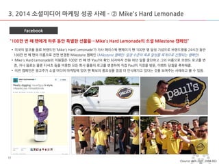 마스터 제목 스타일 편집 
•마스터 텍스트 스타일을 편집합니다 
–둘째 수준 
•셋째 수준 
–넷째 수준 
»다섯째 수준 
2014-11-11 
13 
13 
3. 2014 소셜미디어 마케팅 성공 사례 – ② Mike's Hard Lemonade 
Facebook 
“100만 번 째 팬에게 하루 동안 특별한 선물을…Mike's Hard Lemonade의 소셜 Milestone 캠페인” 
• 미국의 알코올 음료 브랜드인 ‘Mike's Hard Lemonade’가 자사 페이스북 팬페이지 팬 100만 명 달성 기념으로 브랜드명을 24시간 동안 100만 번 째 팬의 이름으로 전면 변경한 Milestone 캠페인 (Milestone 캠페인: 일정 수준의 목표 달성을 목적으로 진행되는 캠페인) 
• Mike's Hard Lemonade의 직원들은 100만 번 째 팬 ‘Paul’이 확인 되자마자 전원 하던 일을 중단하고 그의 이름으로 브랜드 로고를 변경, 자사 음료는 물론 티셔츠 등을 비롯한 모든 회사 물품의 로고를 변경하여 직접 Paul의 직장을 방문, 이벤트 당첨을 축하해줌. 
• 이번 캠페인은 광고주가 소셜 미디어 마케팅에 있어 팬 확보의 중요성을 점점 더 인식해가고 있다는 것을 보여주는 사례라고 볼 수 있음. 
<Source: psfk.com, 2014.06>  