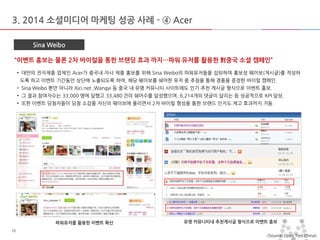 마스터 제목 스타일 편집 
•마스터 텍스트 스타일을 편집합니다 
–둘째 수준 
•셋째 수준 
–넷째 수준 
»다섯째 수준 
2014-11-11 
15 
15 
3. 2014 소셜미디어 마케팅 성공 사례 - ④ Acer 
Sina Weibo 
“이벤트 홍보는 물론 2차 바이럴을 통한 브랜딩 효과 까지…파워 유저를 활용한 對중국 소셜 캠페인” 
• 대만의 전자제품 업체인 Acer가 중국내 자사 제품 홍보를 위해 Sina Weibo의 파워유저들을 섭외하여 홍보성 웨이보(게시글)를 작성하도록 하고 이벤트 기간동안 상단에 노출되도록 하여, 해당 웨이보를 쉐어한 유저 중 추첨을 통해 경품을 증정한 바이럴 캠페인. 
• Sina Weibo 뿐만 아니라 Xici.net ,Wangyi 등 중국 내 유명 커뮤니티 사이트에도 인기 추천 게시글 형식으로 이벤트 홍보. 
• 그 결과 참여자수는 33,000 명에 달했고 33,480 건의 쉐어수를 달성했으며, 6,214개의 댓글이 달리는 등 성공적으로 KPI 달성. 
• 또한 이벤트 당첨자들이 당첨 소감을 자신의 웨이보에 올리면서 2차 바이럴 형성을 통한 브랜드 인지도 제고 효과까지 거둠. 
<Source: Open Tied China> 
파워유저를 활용한 이벤트 확산 
유명 커뮤니티내 추천게시글 형식으로 이벤트 홍보  