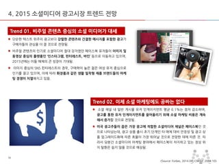 마스터 제목 스타일 편집 
•마스터 텍스트 스타일을 편집합니다 
–둘째 수준 
•셋째 수준 
–넷째 수준 
»다섯째 수준 
2014-11-11 
16 
16 
4. 2015 소셜미디어 광고시장 트렌드 전망 
Trend 01. 비주얼 콘텐츠 중심의 소셜 미디어가 대세 단순한 텍스트 위주의 광고보다 강렬한 콘텐츠와 간결한 메시지를 포함한 광고가 구매자들의 관심을 더 끌 것으로 전망됨. 비주얼 콘텐츠의 인기로 소셜미디어 절대 강자였던 페이스북 유저들이 이미지 및 동영상 중심의 플랫폼인 ‘인스타그램, 핀터레스트, 바인’ 등으로 이동하고 있으며, 2015년에는 이들 매체의 큰 성장이 기대됨. 이미지 중심의 SNS 핀터레스트의 경우, 구매력이 높은 젊은 여성 유저 중심으로 인기를 끌고 있으며, 이에 따라 화장품과 같은 생활 밀착형 제품 브랜드들의 마케팅 경쟁이 치열해지고 있음. 
<Source: Forbes, 2014.07, Clikckz, 2014.10> 소셜 채널 내 일반 게시물 유저 인게이지먼트 평균 0.1%는 점차 감소하여, 광고를 통한 유저 인게이지먼트를 끌어올리기 위해 소셜 마케팅 비용은 계속해서 증가할 것으로 전망됨. 미국 광고주들이 꼽은 가장 광고에 적합한 소셜미디어 채널은 페이스북인 것으로 나타났는데, 광고 상품 출시 초기 단계인 타 매체 대비 안정성 및 광고 상품 업그레이드화에 따른 효율이 가장 뛰어날 것으로 전망한 데에 따른 것. 따라서 당분간 소셜미디어 마케팅 분야에서 페이스북이 차지하고 있는 정상 위치 탈환은 쉽지 않을 것으로 예상됨. Trend 02. 이제 소셜 마케팅에도 공짜는 없다  