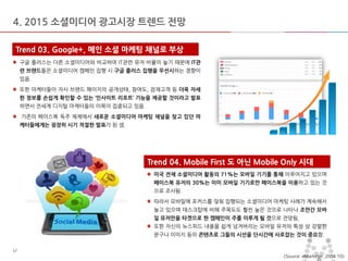 마스터 제목 스타일 편집 
•마스터 텍스트 스타일을 편집합니다 
–둘째 수준 
•셋째 수준 
–넷째 수준 
»다섯째 수준 
2014-11-11 
17 
17 
4. 2015 소셜미디어 광고시장 트렌드 전망 Trend 03. Google+, 메인 소셜 마케팅 채널로 부상 구글 플러스는 다른 소셜미디어와 비교하여 IT관련 유저 비율이 높기 때문에 IT관련 브랜드들은 소셜미디어 캠페인 집행 시 구글 플러스 집행을 우선시하는 경향이 있음. 또한 마케터들이 자사 브랜드 페이지의 공개상태, 참여도, 잠재고객 등 더욱 자세한 정보를 손쉽게 확인할 수 있는 ‘인사이트 리포트’ 기능을 제공할 것이라고 발표하면서 전세계 디지털 마케터들의 이목이 집중되고 있음. 기존의 페이스북 독주 체제에서 새로운 소셜미디어 마케팅 채널을 찾고 있던 마케터들에게는 굉장히 시기 적절한 발표가 된 셈. 
<Source: eMarketer, 2014.10> 미국 전체 소셜미디어 활동의 71%는 모바일 기기를 통해 이루어지고 있으며 페이스북 유저의 30%는 이미 모바일 기기로만 페이스북을 이용하고 있는 것으로 조사됨. 따라서 모바일에 포커스를 맞춰 집행되는 소셜미디어 마케팅 사례가 계속해서 늘고 있으며 데스크탑에 비해 주목도도 훨씬 높은 것으로 나타나 조만간 모바일 유저만을 타겟으로 한 캠페인이 주를 이루게 될 것으로 전망됨. 또한 자신의 뉴스피드 내용을 쉽게 넘겨버리는 모바일 유저의 특성 상 강렬한 문구나 이미지 등의 콘텐츠로 그들의 시선을 단시간에 사로잡는 것이 중요함. Trend 04. Mobile First 도 아닌 Mobile Only 시대  