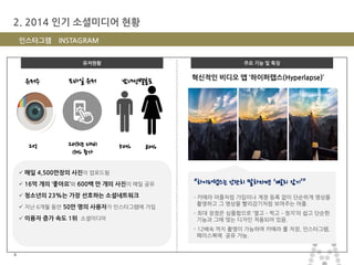 마스터 제목 스타일 편집 
•마스터 텍스트 스타일을 편집합니다 
–둘째 수준 
•셋째 수준 
–넷째 수준 
»다섯째 수준 
2014-11-11 
8 
8 
2. 2014 인기 소셜미디어 현황 
인스타그램 INSTAGRAM 
유저현황 
주요 기능 및 특징 
혁신적인 비디오 앱 ‘하이퍼랩스(Hyperlapse)’ 
“하이퍼랩스는 간단히 말하자면 ‘빨리 감기’” 
- 카메라 어플처럼 가입이나 계정 등록 없이 단순하게 영상을 
촬영하고 그 영상을 빨리감기처럼 보여주는 어플. 
- 최대 장점은 심플함으로 ‘열고 – 찍고 – 정지’의 쉽고 단순한 
기능과 그에 맞는 디자인 적용되어 있음. 
- 12배속 까지 촬영이 가능하며 카메라 롤 저장, 인스타그램, 
페이스북에 공유 가능. 
 매일 4,500만장의 사진이 업로드됨 
 16억 개의 ‘좋아요’와 600백 만 개의 사진이 매일 공유 
 청소년의 23%는 가장 선호하는 소셜네트워크 
 지난 6개월 동안 50만 명의 사용자가 인스타그램에 가입 
 이용자 증가 속도 1위 소셜미디어 
남녀성별분포 
유저수 
모바일 유저 
2억 
2013년 대비 13% 증가 
50% 
80%  