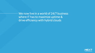 We now live in a world of 24/7 business
where IT has to maximize uptime &
drive efficiency with hybrid clouds