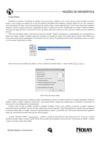 Didatismo e Conhecimento 25
NOÇÕES DE INFORMÁTICA
Grupo Tabelas:
Possibilita a inserção e formatação de tabelas. Com esse recurso, podemos criar os mais diversos tipos de tabelas no Word,
desde as mais simples até àquelas que já são previamente formatadas pelo programa, trazendo opções de cor, tipo, tamanho e
outras formatações de fonte, cores de preenchimento das células, linhas e outras especificações. Com os itens desse grupo, podemos
desenhar a tabela ou apenas selecionar a quantidade de linhas e colunas que ela terá, simplificando sua criação. Podemos também,
selecionar um grupo de texto e converter esse texto em tabela, sendo que o oposto, ou seja, converter a tabela em texto, também é
possível.
Para criar uma tabela simples, após clicar no botão de comando “Tabela”, selecionamos os quadradinhos que correspondem ao
número de colunas e linhas. A tabela a seguir foi criada por esse método de criação. Ela contém quatro colunas e duas linhas, pois
foram selecionados quatro quadradinhos na horizontal e dois na vertical. Os quadrados da horizontal, representam, então, as colunas
e, os da vertical, representam as linhas.
Inserir Tabela
Outra forma de inserir tabela uma tabela, é clicar no botão de comando Inserir → Inserir Tabela .
Outra forma de inserir tabela
Com a janela da figura acima, podemos escolher a quantidade de colunas e de linhas da tabela, nos campos apropriados. Podemos
também, marcar a opção “Largura de coluna fixa”, que permite alterar a largura das colunas para os centímetros selecionados ou
deixar que isto seja configurado automaticamente.
Existem casos em que as tabelas excedem o tamanho da página. Nestes casos, podemos selecionar as opções “ajustar-se
automaticamente ao conteúdo”, que faz com que a tabela fique com seu tamanho e largura dependendo do conteúdo que está digitado
ou inserido dentro dela; ou a opção “Ajustar-se automaticamente à janela”, que permite que a tabela seja redimensionada segundo o
espaço de visualização necessário para que ela caiba na página.
A opção “Desenhar Tabela ” , permite a criação de uma tabela de uma forma mais livre. Com ela, o usuário
desenha as bordas, linhas e colunas e pode realizar diversos tipos de formatações, através da Guia “Ferramentas de Tabela”. A tabela
a seguir, foi criada a partir desta opção.
 