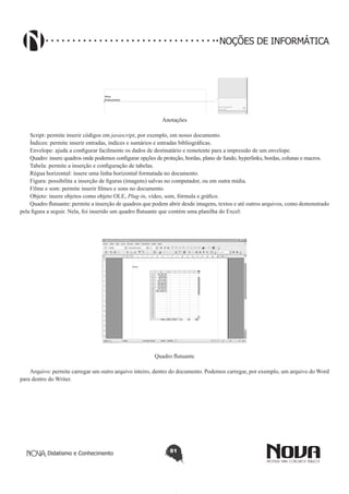 Didatismo e Conhecimento 81
NOÇÕES DE INFORMÁTICA
Anotações
Script: permite inserir códigos em javascript, por exemplo, em nosso documento.
Índices: permite inserir entradas, índices e sumários e entradas bibliográficas.
Envelope: ajuda a configurar facilmente os dados de destinatário e remetente para a impressão de um envelope.
Quadro: insere quadros onde podemos configurar opções de proteção, bordas, plano de fundo, hyperlinks, bordas, colunas e macros.
Tabela: permite a inserção e configuração de tabelas.
Régua horizontal: insere uma linha horizontal formatada no documento.
Figura: possibilita a inserção de figuras (imagens) salvas no computador, ou em outra mídia.
Filme e som: permite inserir filmes e sons no documento.
Objeto: insere objetos como objeto OLE, Plug-in, vídeo, som, fórmula e gráfico.
Quadro flutuante: permite a inserção de quadros que podem abrir desde imagens, textos e até outros arquivos, como demonstrado
pela figura a seguir. Nela, foi inserido um quadro flutuante que contém uma planilha do Excel:
Quadro flutuante
Arquivo: permite carregar um outro arquivo inteiro, dentro do documento. Podemos carregar, por exemplo, um arquivo do Word
para dentro do Writer.
 