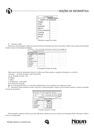 Didatismo e Conhecimento 90
NOÇÕES DE INFORMÁTICA
Alterando a largura da coluna
4)	 Formatar a fonte:
Selecione a célula desejada, e clique nos ícones da barra de formatação que forem necessários. Observe que na barra de formatação
ficarão à mostra as formatações utilizadas.
Formatação da fonte da célula
Observando a barra de formatação é possível verificar que foram usadas as seguintes formatações na célula A1:
Nome da fonte: Arial Unicode MS
Tamanho da fonte: 10,5
Negrito
Itálico
Alinhamento: centralizado
A célula está mesclada
A cor do preenchimento e a cor da fonte também ficam visíveis embaixo dos respectivos ícones.
5)	 Inserindo Formato numérico: moeda: selecione as células desejadas e clique no ícone Formato numérico: moeda, encontrado
na barra de formatação.
Formato numérico: moeda
Pelos exemplos, podemos observar, que para aplicarmos algum dos recursos da barra de formatação, basta selecionar a célula e
clicar no item desejado.
 