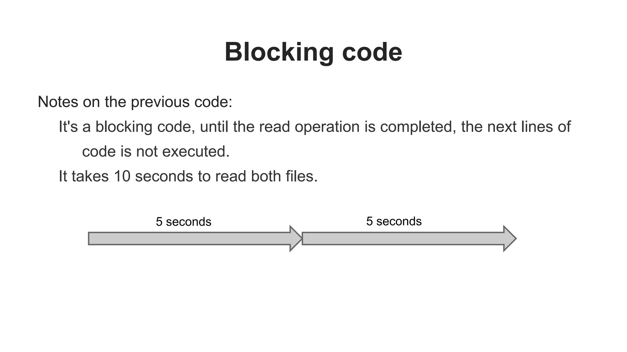 Blocking code Notes on the previous code: It's a blocking code, until the read operation is completed, the next lines of code is not executed. It takes 10 seconds to read both files. 5 seconds 5 seconds 