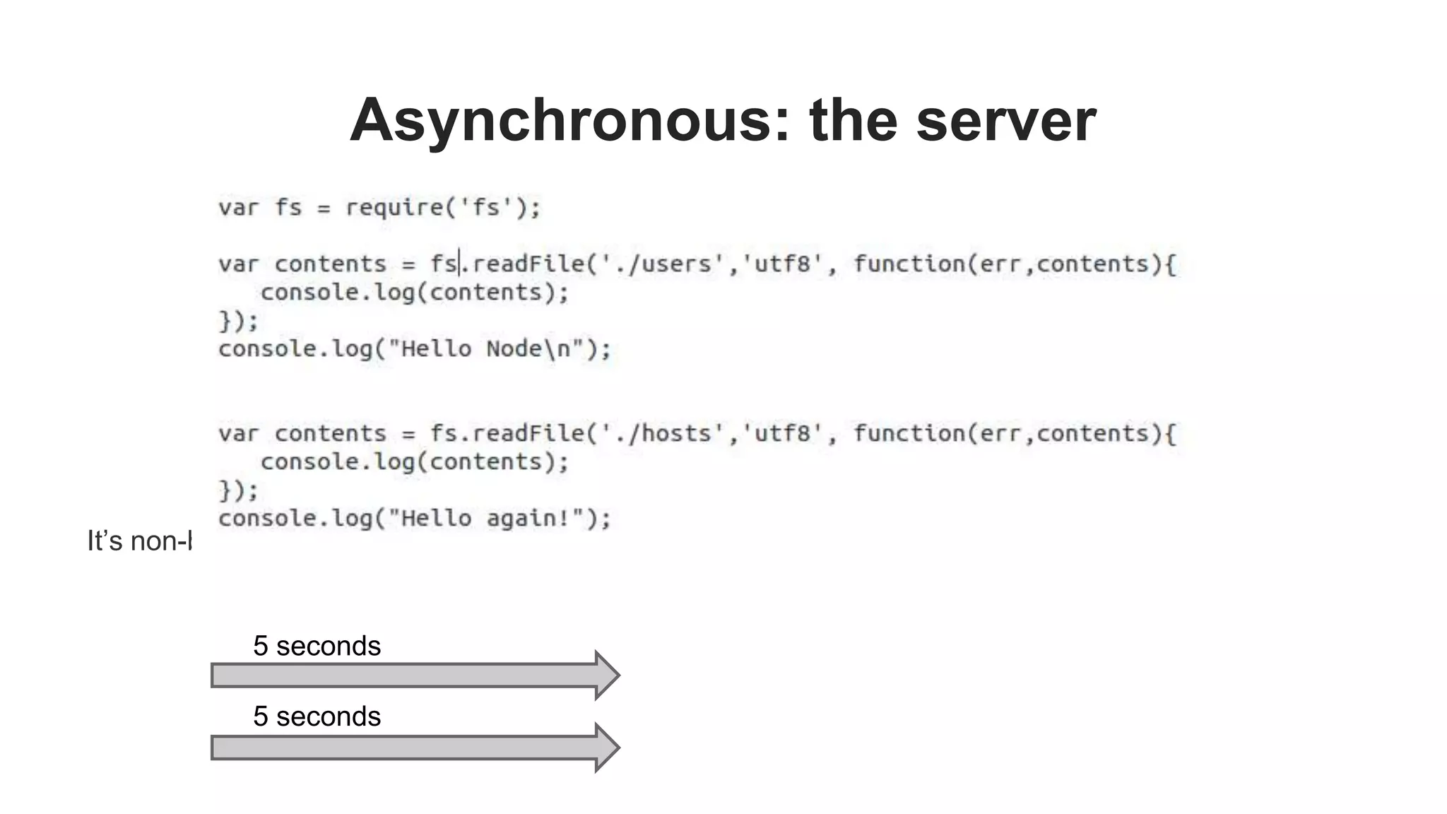 Asynchronous: the server It’s non-blocking code, it’s it takes only 5 seconds to read both files: 5 seconds 5 seconds 