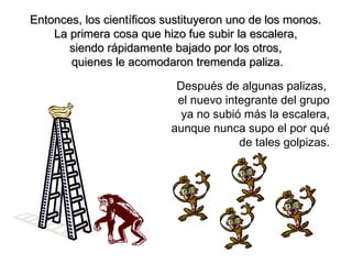 Entonces, los científicos sustituyeron uno de los monos.
La primera cosa que hizo fue subir la escalera,
siendo rápidamente bajado por los otros,
quienes le acomodaron tremenda paliza.
Después de algunas palizas,
el nuevo integrante del grupo
ya no subió más la escalera,
aunque nunca supo el por qué
de tales golpizas.

 