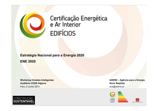 Estratégia Nacional para a Energia 2020
ENE 2020




Workshop Cidades Inteligentes             ADENE – Agência para a Energia
Auditório CCDR Algarve                    Nuno Baptista
Faro, 2 Junho 2011                        sce@adene.pt
 