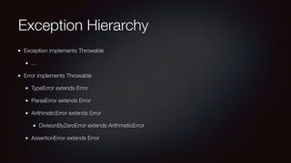 Exception Hierarchy
Exception implements Throwable
…
Error implements Throwable
TypeError extends Error
ParseError extends Error
ArithmeticError extends Error
DivisionByZeroError extends ArithmeticError
AssertionError extends Error
 